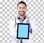 Tablet mockup and doctor portrait isolated on a white background