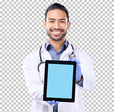 Buy stock photo Tablet mockup, screen and doctor in portrait isolated on transparent png background for telehealth service. Medical presentation, healthcare space and asian man with digital technology for website