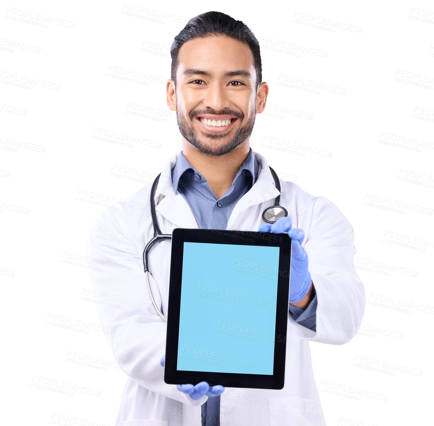 Buy stock photo Tablet mockup, screen and doctor in portrait isolated on transparent png background for telehealth service. Medical presentation, healthcare space and asian man with digital technology for website