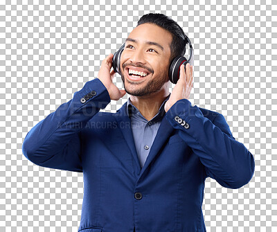 Buy stock photo Headphones, music and business man isolated on transparent png background for audio streaming service. Excited, inspiration or idea with happy asian person listening to podcast and sound electronics