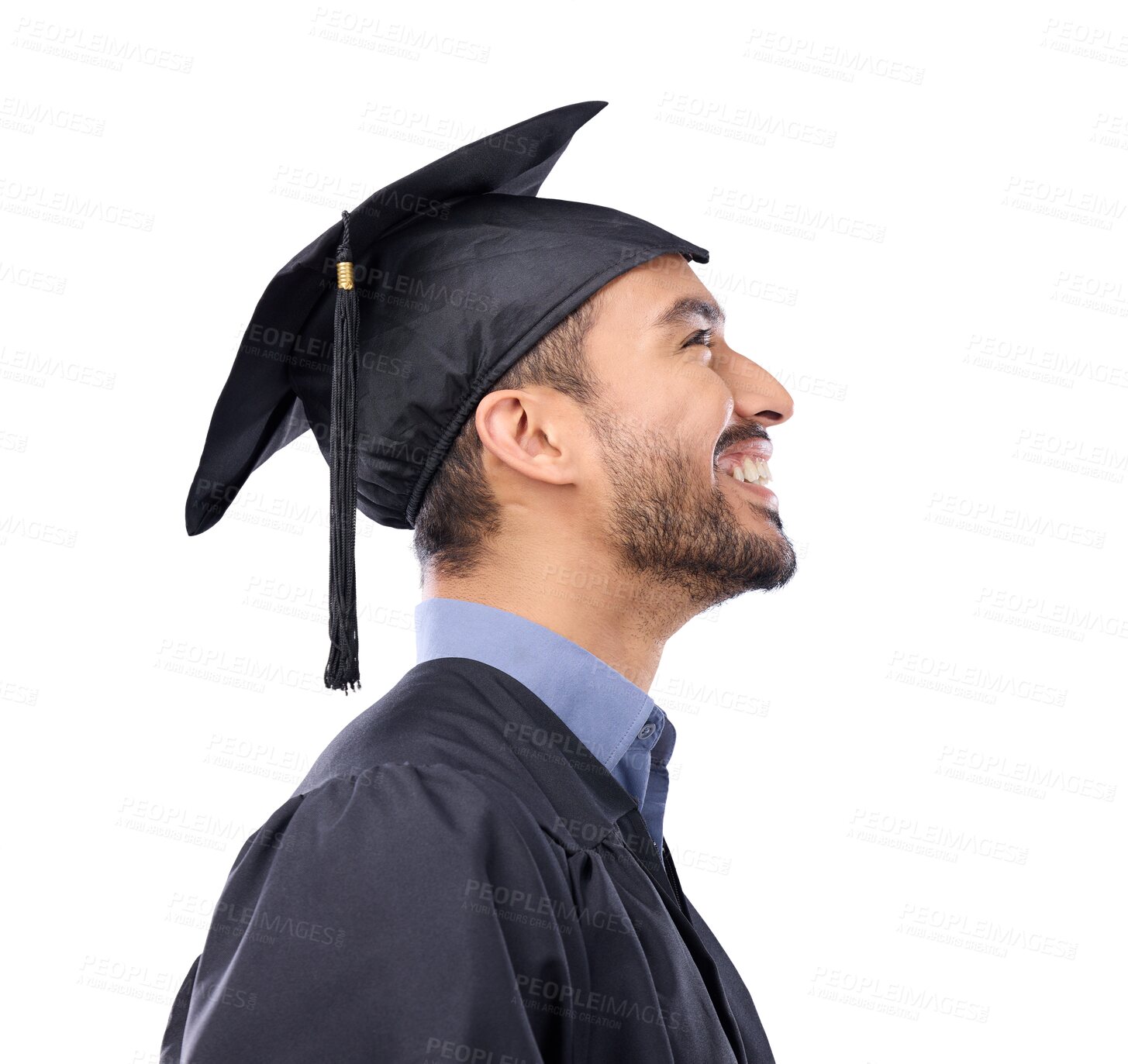 Buy stock photo Graduate, education and man, profile and achievement with cap and gown isolated on transparent png background. Happy, university graduation and male person, college event and celebration with diploma