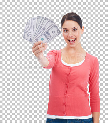 Buy stock photo Woman, rich and holding money with winner and happy in png or isolated background. Cash, excited female and lottery win with celebrating with bank notes for investment, success with promotion.