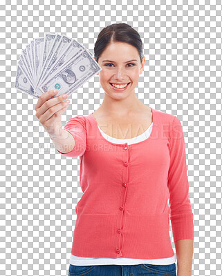 Buy stock photo Happy woman, portrait and money fan in financial freedom isolated on a transparent PNG background. Female person with smile, cash and dollar for finance, saving or winning in sale, deal or promotion