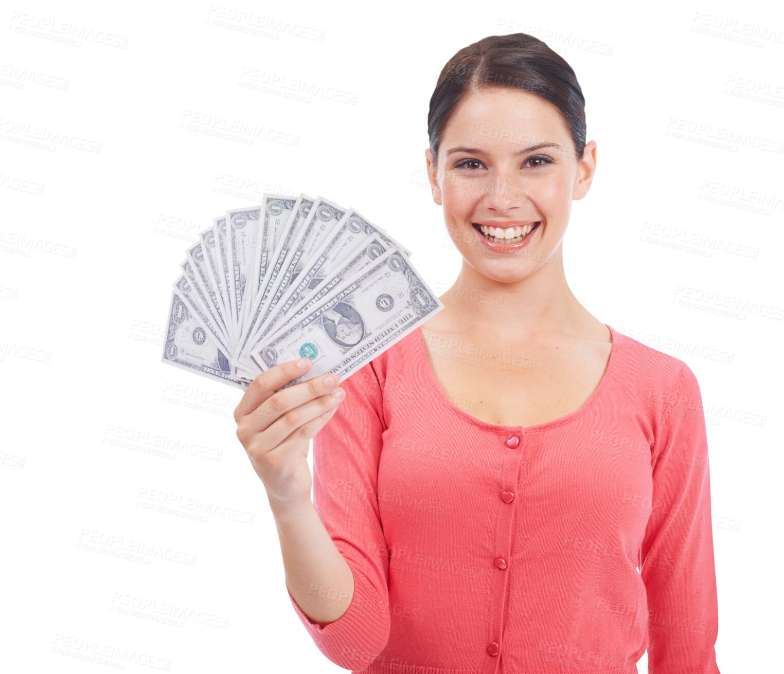 Buy stock photo Cash, money and happy with portrait of woman for investment growth, fan and finance. Winner, dollar and female person with lotto prize, profit or giveaway isolated on transparent, png background