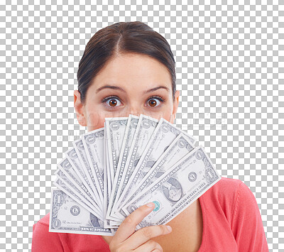 Buy stock photo Woman, win and covering face with cash in portrait with png or isolated and transparent background with wow. Lottery winner, wealthy female and money for success for promotion, saving and surprise.