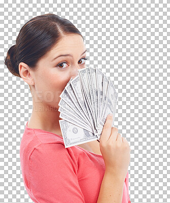 Buy stock photo Cash, dollars and money fan over face of woman with investment growth, savings and prize. Winner, finance and female person portrait with lotto award or profit isolated on transparent, png background