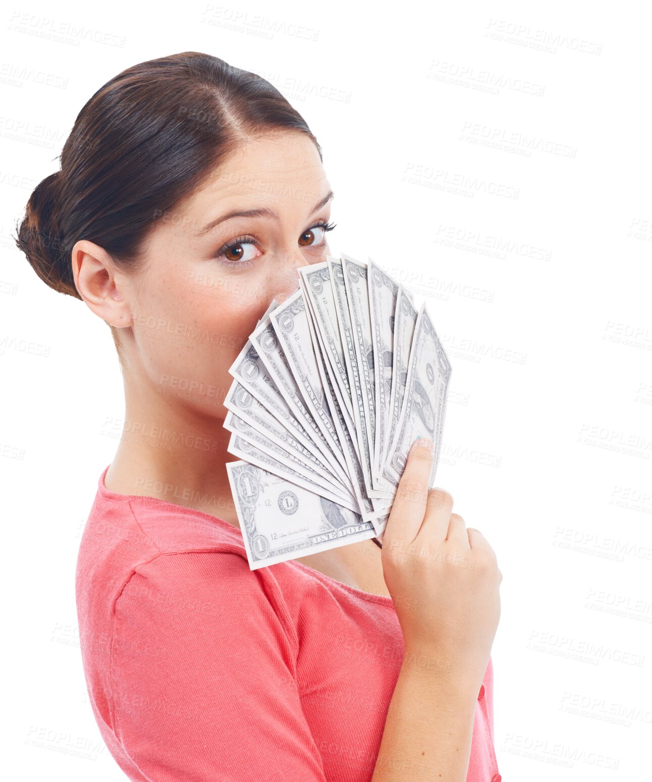 Buy stock photo Cash, dollars and money fan over face of woman with investment growth, savings and prize. Winner, finance and female person portrait with lotto award or profit isolated on transparent, png background