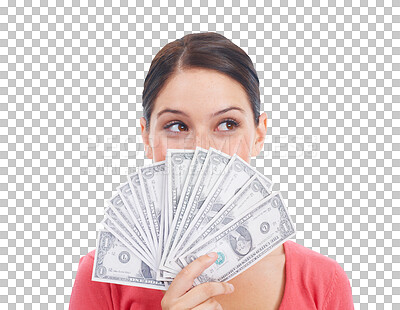 Buy stock photo Woman, thinking and money fan for finance investment isolated on a transparent PNG background. Thoughtful female person with cash or dollar for financial freedom, saving bonus or salary increase