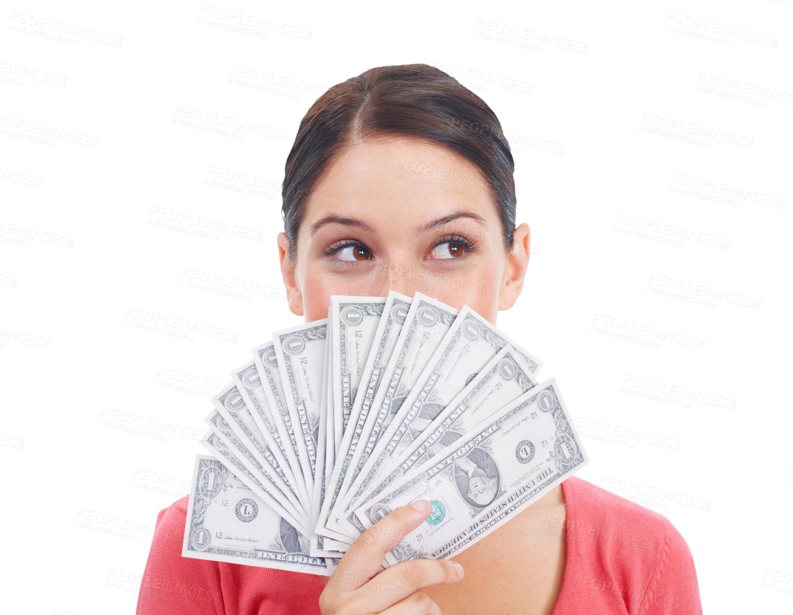 Buy stock photo Woman, thinking and money fan for finance investment isolated on a transparent PNG background. Thoughtful female person with cash or dollar for financial freedom, saving bonus or salary increase