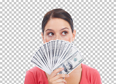 Buy stock photo Woman, thinking and money fan for finance idea or budget isolated on a transparent PNG background. Thoughtful female person with cash, loan or dollar bills for financial freedom, savings or growth