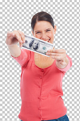 Buy stock photo Cash, money and excited portrait of a woman for investment growth, pay or finance. Winner, dollar and female person with lotto prize, profit or giveaway isolated on transparent, png background