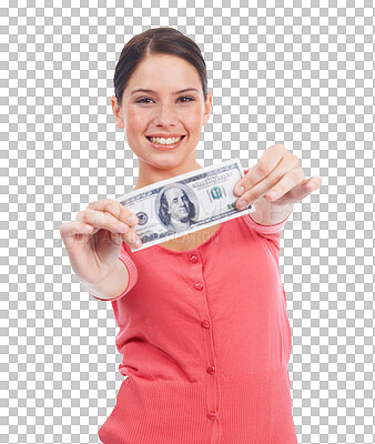 Buy stock photo Money, cash and happy portrait of a woman for investment growth, savings and finance. Winner, dollar and female person with lotto prize, profit or giveaway isolated on transparent, png background