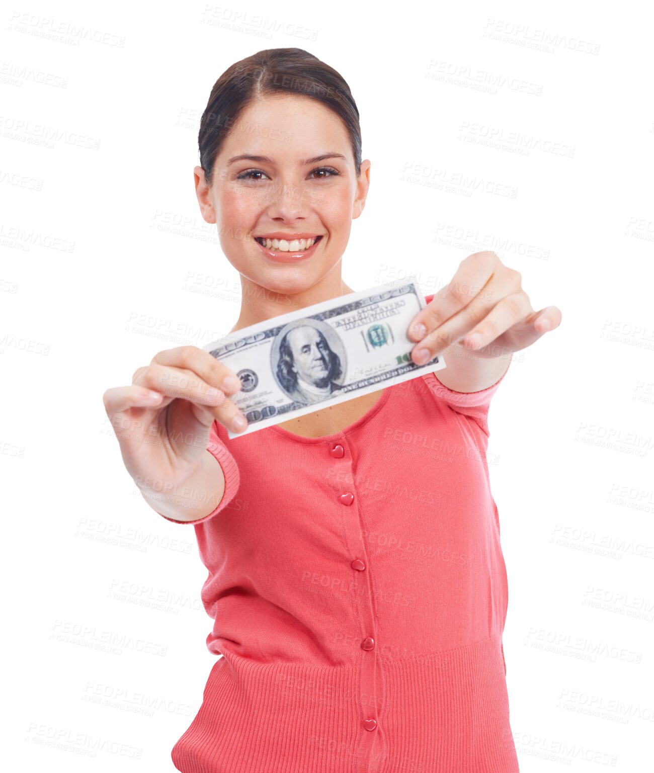 Buy stock photo Money, cash and happy portrait of a woman for investment growth, savings and finance. Winner, dollar and female person with lotto prize, profit or giveaway isolated on transparent, png background