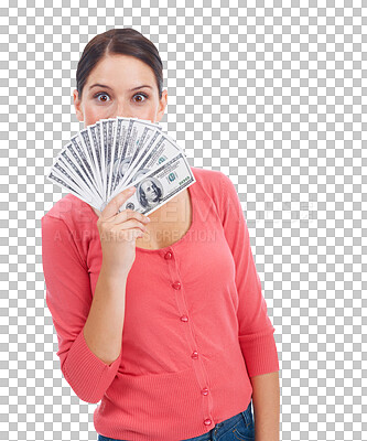 Buy stock photo Cash,  dollar money and portrait of woman for investment growth, savings and finance. Winner or excited female person with lotto prize, profit or giveaway isolated on transparent, png background