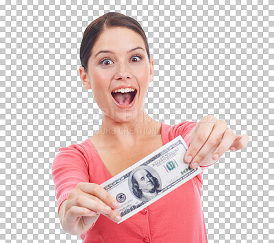 Buy stock photo Cash, money and excited portrait of a woman for investment growth, dollar and finance. Paper bill winner or person with prize, profit or competition giveaway isolated on transparent, png background