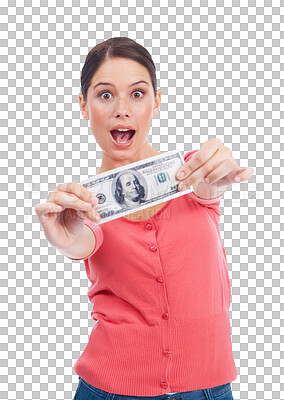 Buy stock photo Cash, money and surprise portrait of a woman for investment growth, dollar and finance. Winner, paper bill and  shocked person with prize, profit or giveaway isolated on transparent, png background