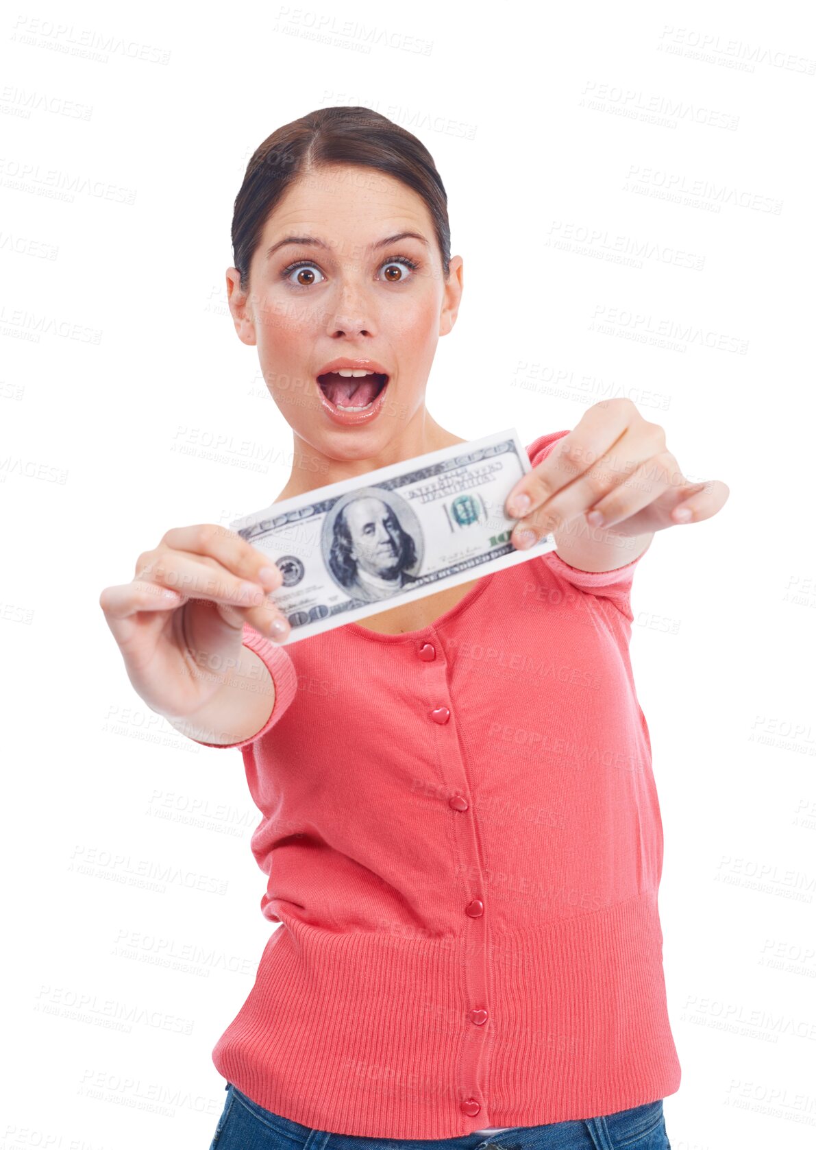 Buy stock photo Cash, money and surprise portrait of a woman for investment growth, dollar and finance. Winner, paper bill and  shocked person with prize, profit or giveaway isolated on transparent, png background