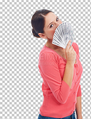 Buy stock photo Woman, portrait and money fan for savings, finance or investment isolated on a transparent PNG background. Female person with cash, loan or dollar bills in financial freedom, bonus or salary increase