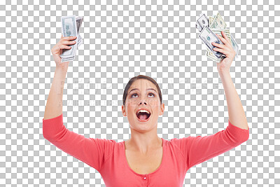 Buy stock photo Happy woman, money and celebration in financial freedom or savings isolated on a transparent PNG background. Female person or winner with cash back or dollar bills in lottery prize or investment deal