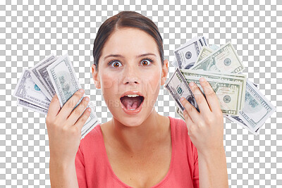 Buy stock photo Shocked woman, money and surprise in financial freedom or savings isolated on a transparent PNG background. Portrait of surprised female person winning cash in lottery prize, investment or bonus