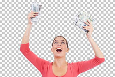 Buy stock photo Happy woman, money and celebration for winning in financial freedom isolated on a transparent PNG background. Female person or winner with cash, loan or dollar bills for lottery prize or investment