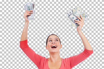 Buy stock photo Finance, woman celebrating with money and happy isolated against a transparent png background. Winner or casino success, achievement or investment and female person with celebration for cash 