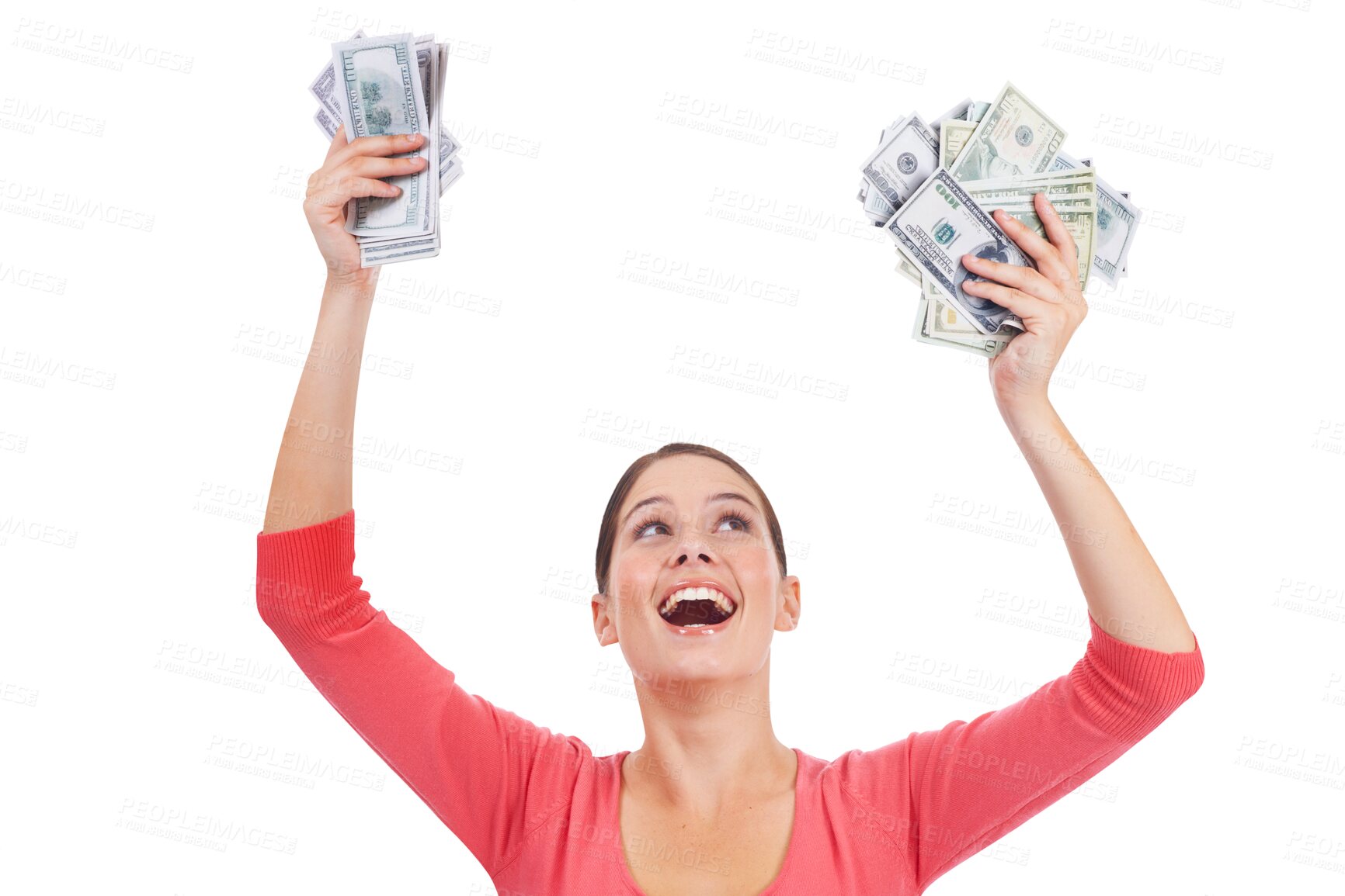 Buy stock photo Finance, woman celebrating with money and happy isolated against a transparent png background. Winner or casino success, achievement or investment and female person with celebration for cash 