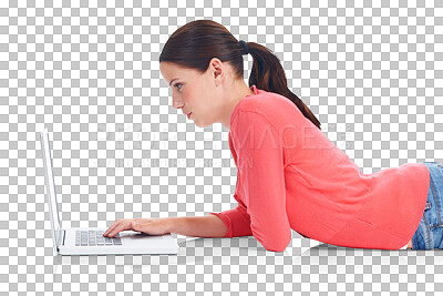 Buy stock photo Laptop, profile and education with a woman student lying on the floor isolated on a transparent background. Computer, internet or research with a serious young female university pupil studying on PNG