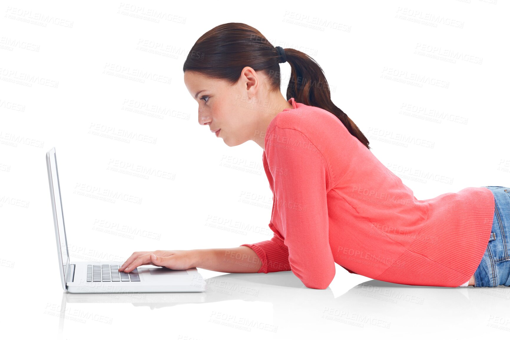 Buy stock photo Laptop, profile and education with a woman student lying on the floor isolated on a transparent background. Computer, internet or research with a serious young female university pupil studying on PNG