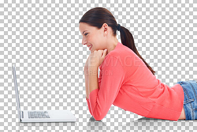 Buy stock photo Laptop, smile and research with a woman student lying on the floor isolated on a transparent background. Computer, internet and education with a happy young female university pupil studying on PNG