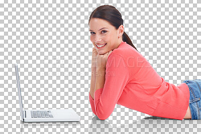 Buy stock photo Laptop, portrait and research with a woman student lying on the floor isolated on a transparent background. Computer, education and smile with a happy young female university pupil studying on PNG