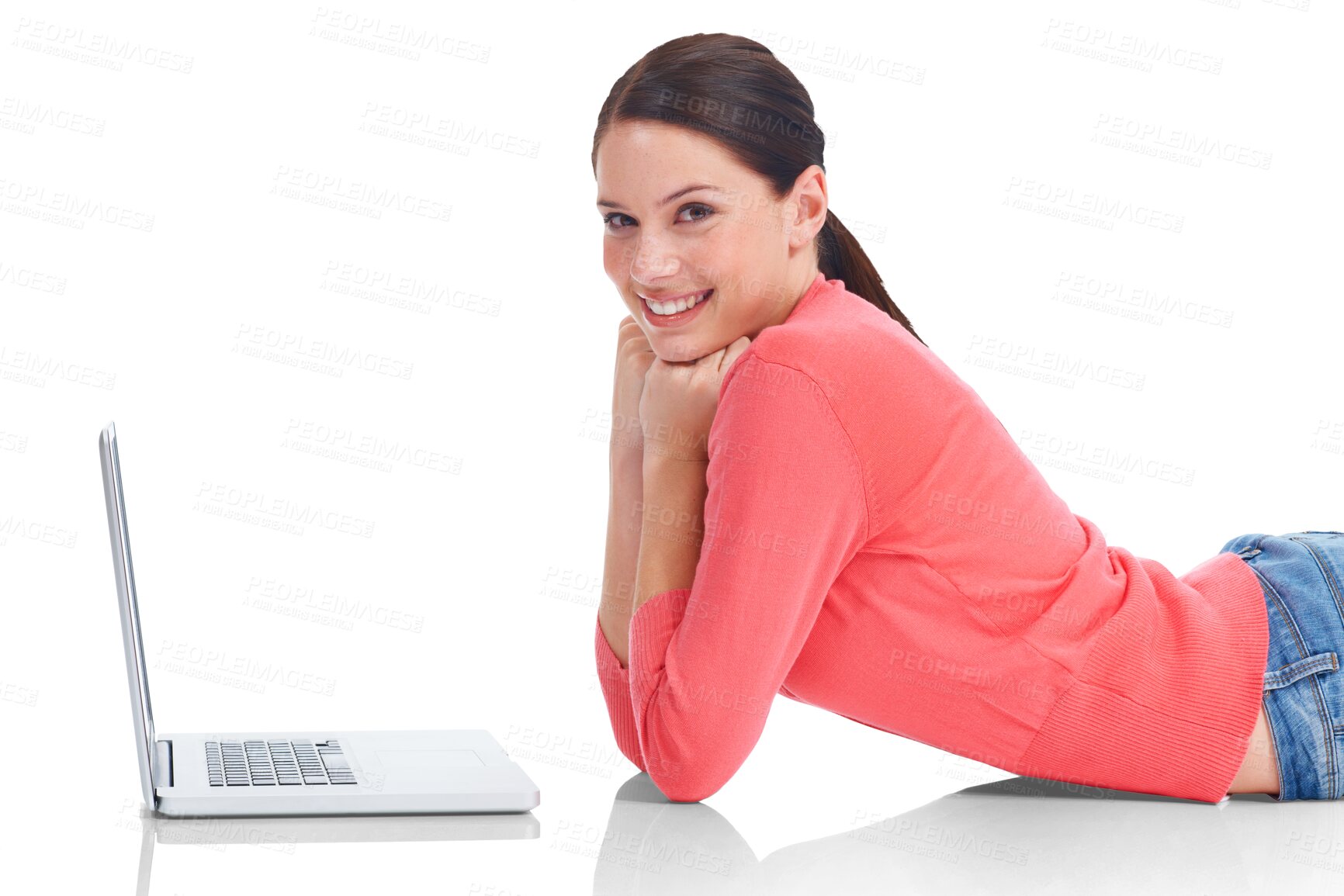 Buy stock photo Laptop, portrait and research with a woman student lying on the floor isolated on a transparent background. Computer, education and smile with a happy young female university pupil studying on PNG