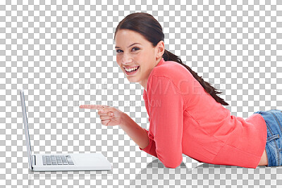 Buy stock photo Laptop, portrait and pointing with a woman student lying on the floor isolated on a transparent background. Computer, internet and education with a happy young female university pupil studying on PNG