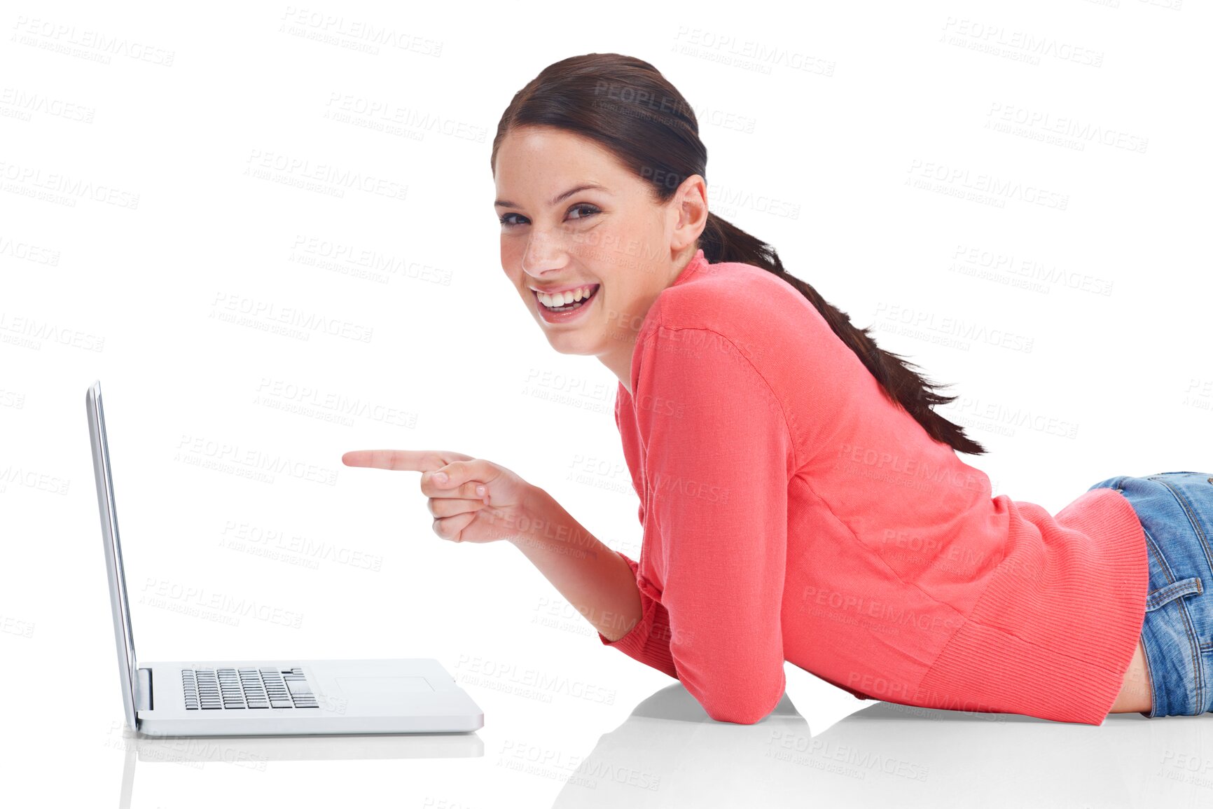 Buy stock photo Laptop, portrait and pointing with a woman student lying on the floor isolated on a transparent background. Computer, internet and education with a happy young female university pupil studying on PNG