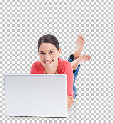 Buy stock photo Laptop, portrait and learning with a woman student lying on the floor isolated on a transparent background. Computer, education and smile with a happy young female university pupil studying on PNG