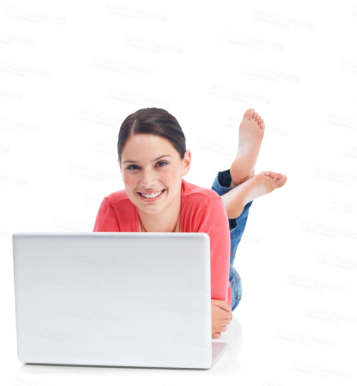 Buy stock photo Laptop, portrait and learning with a woman student lying on the floor isolated on a transparent background. Computer, education and smile with a happy young female university pupil studying on PNG