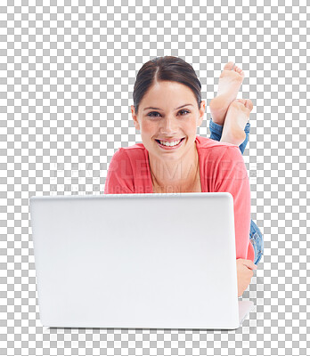 Buy stock photo Laptop, portrait and study with a woman student lying on the floor isolated on a transparent background. Computer, education and research with a happy young female university pupil studying on PNG