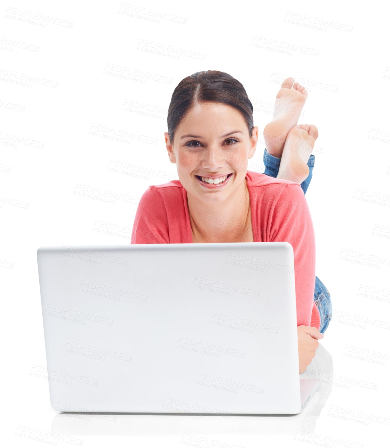 Buy stock photo Laptop, portrait and study with a woman student lying on the floor isolated on a transparent background. Computer, education and research with a happy young female university pupil studying on PNG