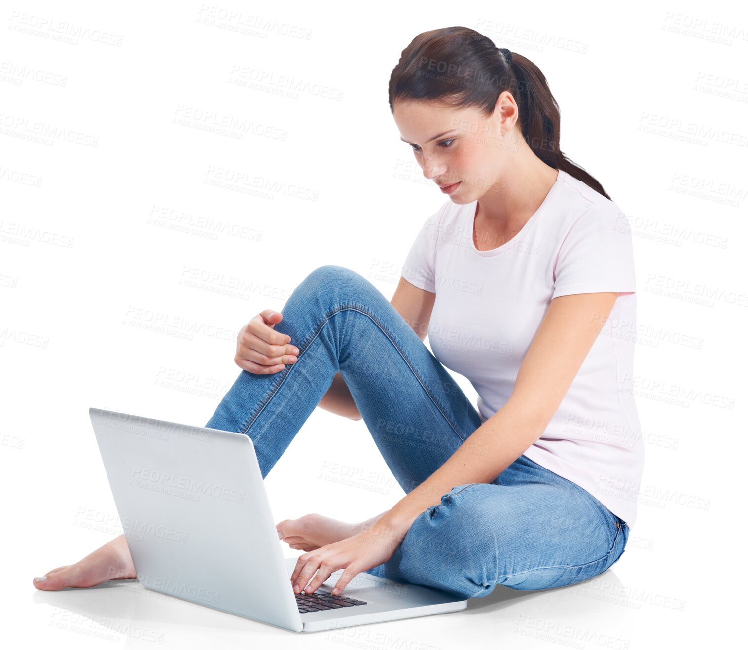 Buy stock photo Laptop, reading and woman typing on internet, website or web search for ecommerce or e commerce on transparent, isolated or png background. Online shopping, girl and customer on computer for sale