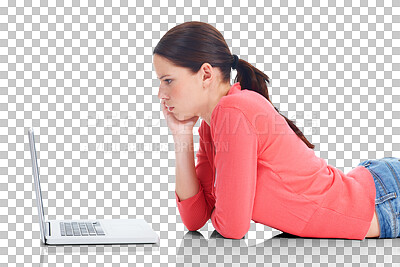 Buy stock photo Reading, laptop and woman on internet, search website or web research for ecommerce or e commerce on transparent, isolated or png background. Online shopping, girl and customer on computer for sale