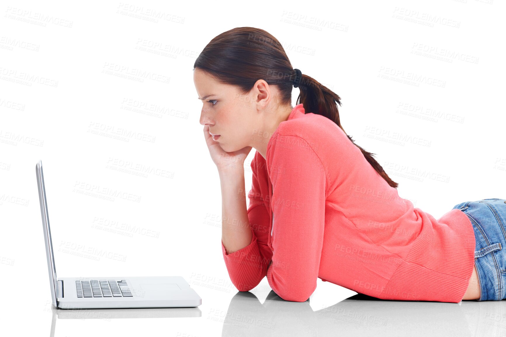 Buy stock photo Reading, laptop and woman on internet, search website or web research for ecommerce or e commerce on transparent, isolated or png background. Online shopping, girl and customer on computer for sale