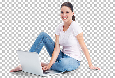 Buy stock photo Laptop, portrait and woman typing on internet, website or web search for ecommerce or e commerce on transparent, isolated or png background. Online shopping, girl and customer on computer for retail