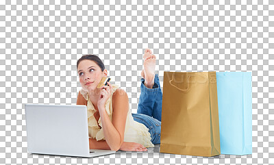 Buy stock photo Laptop, floor and woman thinking, credit card and online shopping isolated against a transparent background. Female person, customer and client with a pc, bags and fintech payment with ideas and png