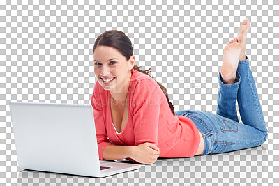 Buy stock photo Laptop, portrait and university with a woman student lying on the floor isolated on a transparent background. Computer, internet and education with a happy young female college pupil studying on PNG