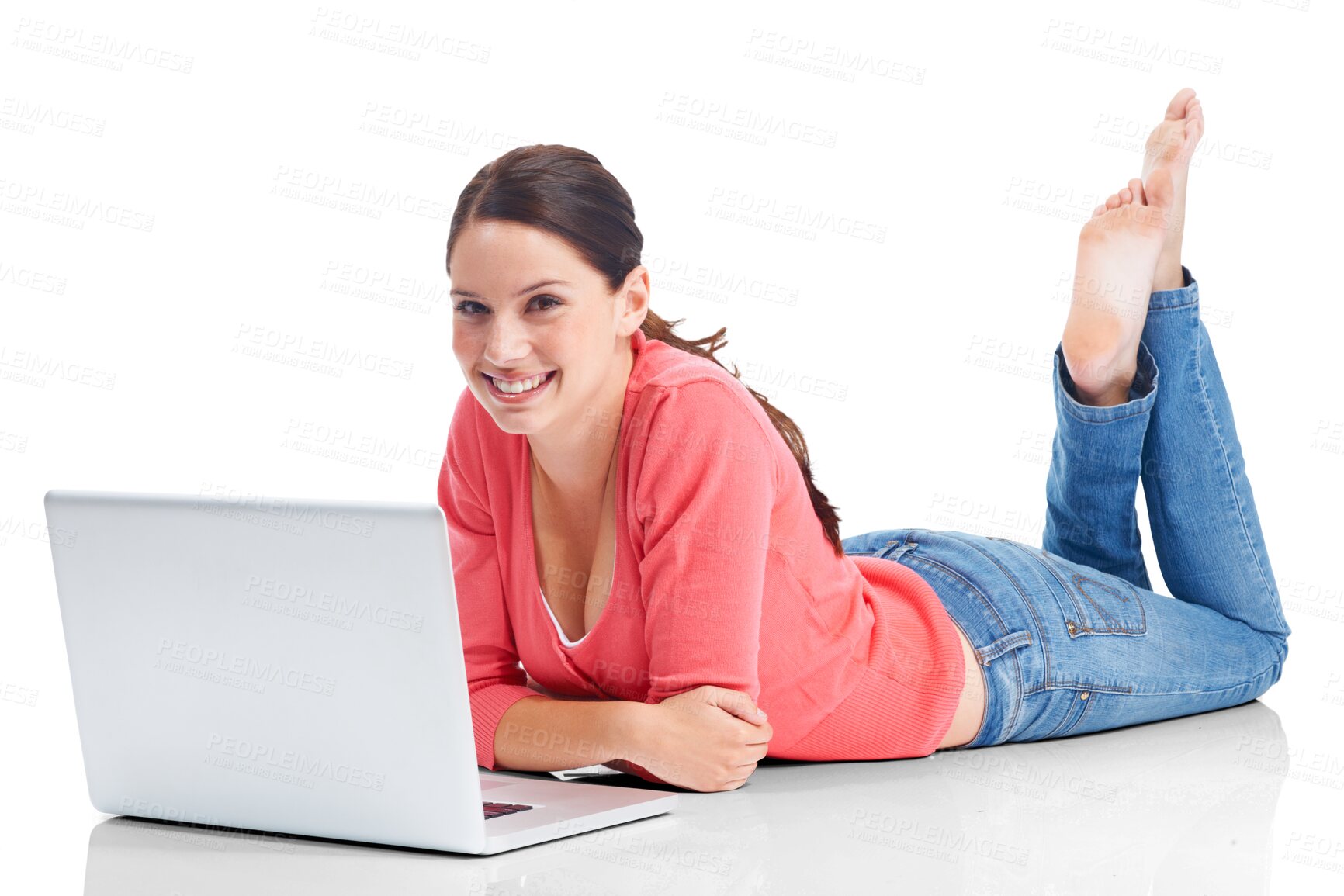 Buy stock photo Laptop, portrait and university with a woman student lying on the floor isolated on a transparent background. Computer, internet and education with a happy young female college pupil studying on PNG