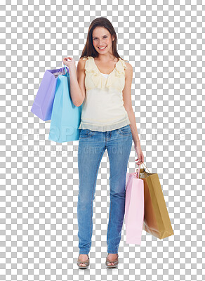 Buy stock photo Portrait, shopping bag and happy woman with fashion isolated on a transparent png background. Smile, sales deal and customer with shop discount, gift or present from retail, store or mall promotion.