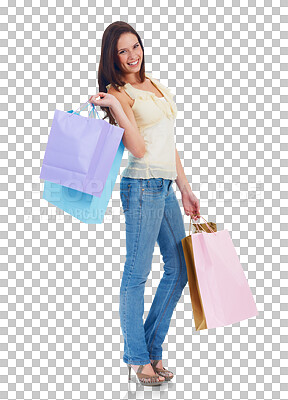 Buy stock photo Portrait, happy woman and shopping bag for fashion isolated on a transparent png background. Smile, sales deal and customer with shop discount, gift or present on promotion from retail, store or mall