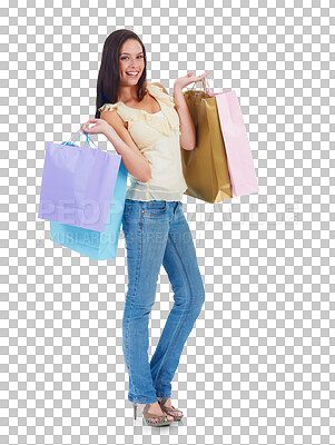 Buy stock photo Shopping bags, portrait and happy woman with fashion isolated on a transparent png background. Smile, sales deal and customer with shop discount, gift or present from retail, store or mall promotion.