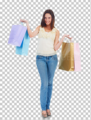 Buy stock photo Woman, shopping bag and smile in portrait, retail and fashion with promotion isolated on png transparent background. Choice, female customer happy with purchase and commerce with discount and sale