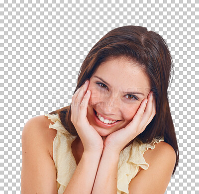 Buy stock photo Portrait, beauty and smile with a shy woman isolated on a transparent background for fashion or style. Natural face, trendy and cute with a cute young female person on PNG for skincare or cosmetics